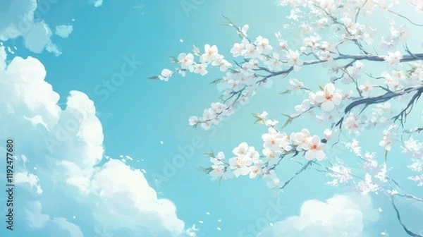 Fototapeta Blooming Cherry Blossom Tree Branches Against a Bright Blue Sky with Soft White Clouds, Artistic Digital Painting.