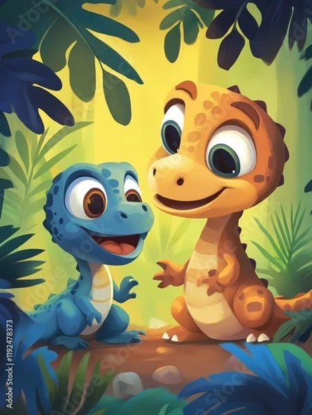 Obraz Cute dinosaurs sitting in a vibrant jungle setting with green foliage, cartoon style, suitable for childrens products