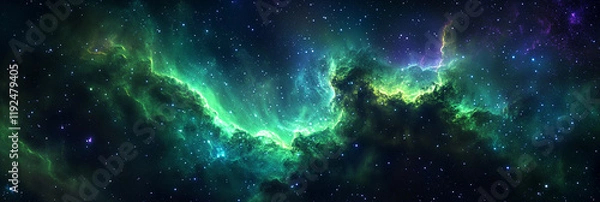 Obraz Cosmic Nebula Space Background with Stars and Green Aura