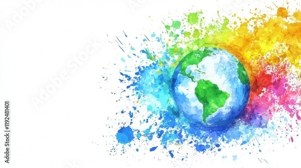 Fototapeta A 3D illustration of Earth with a rainbow, showing the continents and oceans in blue and green