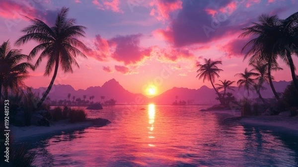 Fototapeta Stunning desert sunset reflecting on calm water with mountains in the background