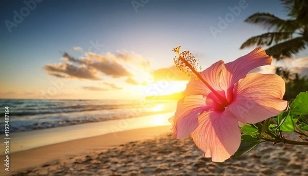 Fototapeta 夏の美しい波打ち際の夕焼け空とハイビスカスの花