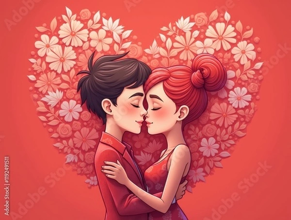 Obraz A Valentine's Day card featuring a romantic couple, with a background full of hearts and flowers.