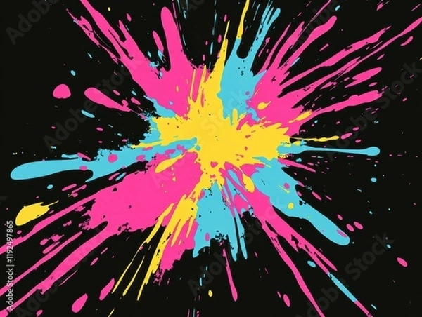 Fototapeta Vector background with pink, blue, and yellow paint splashes in the shape of an explosion or splash. 
