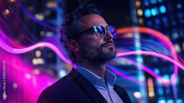 Obraz Business Leader in Neon Cityscape with Abstract Light Waves and Modern Atmosphere