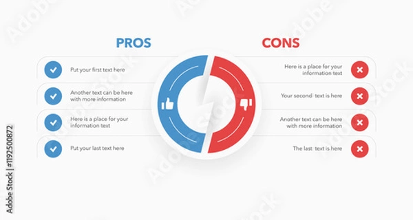 Fototapeta Pros and cons diagram on decision making process. Simple flat template for analyzing positive and negative comparison of something.