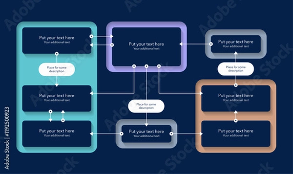 Obraz Process flow diagram template with four sections - dark version. Simple infographic template for project data visualization.