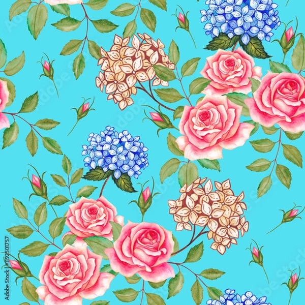 Obraz Seamless pattern of roses and hydrangeas. Watercolor illustration.