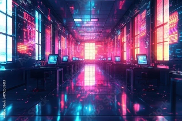 Fototapeta Futuristic Classroom with Floating Holograms and Warm Lighting