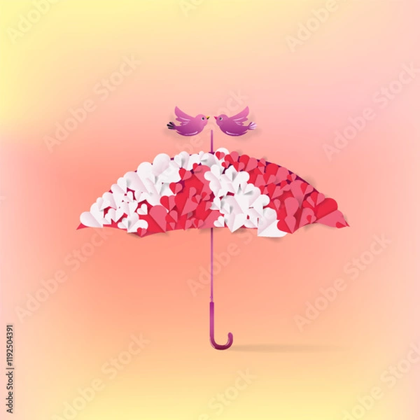 Obraz Valentine's Day background with umbrellas and decorations of love signs and birds