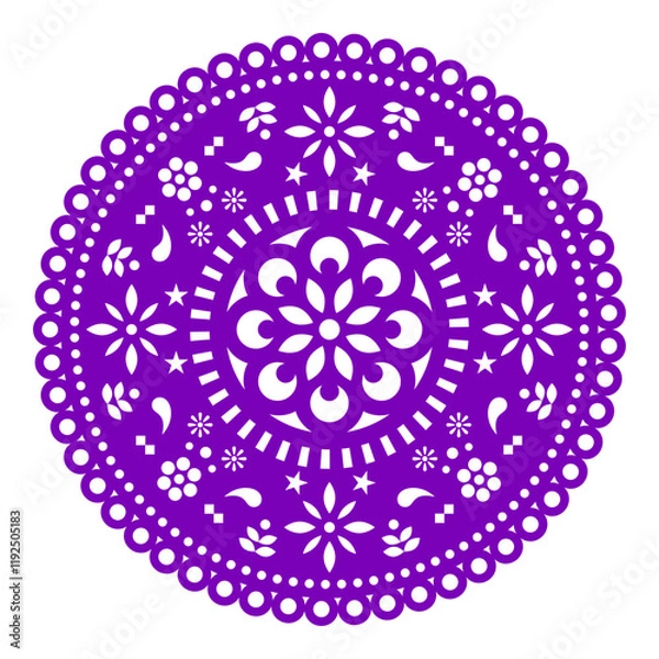 Obraz Papel Picado vector floral template round design with flowers, Mexican party paper decorations pattern in purple