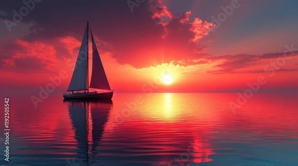 Fototapeta Sailboat Serenity, a minimal flat design depicting a sailboat gliding on tranquil waters during a vibrant sunset, evoking peace and calm.