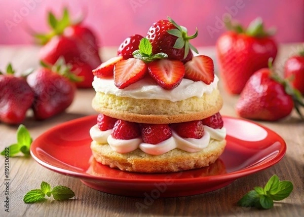 Fototapeta Delicious Strawberry Shortcake on Red Plate, Pink Background - High-Resolution Stock Photo