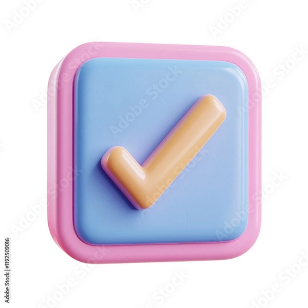 Fototapeta Three-Dimensional Check Mark Icon on Soft Pastel Square Button with Transparent Background