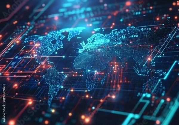 Fototapeta Abstract world map with glowing connections and global network concept on a dark background