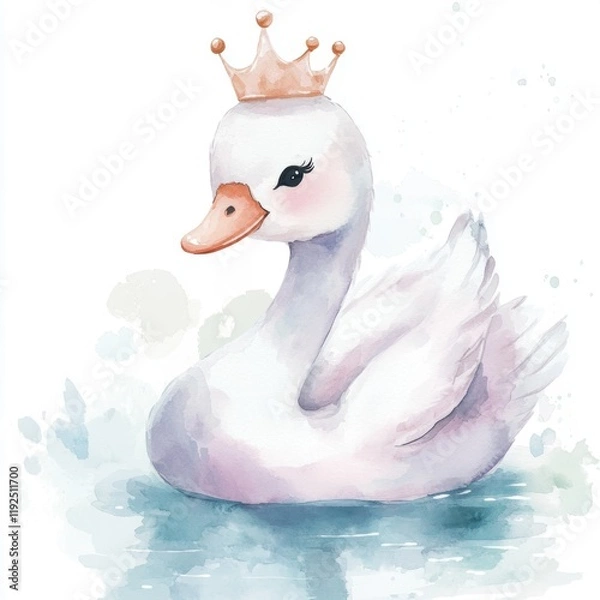 Fototapeta A whimsical watercolor illustration of a elegant swan wearing a small crown, gracefully floating on a watery background.
