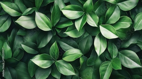 Fototapeta A dense arrangement of lush green leaves, showcasing various shades and textures, creating a vibrant natural backdrop.