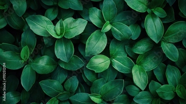 Fototapeta A dense arrangement of vibrant green leaves, showcasing various shapes and sizes against a dark background.