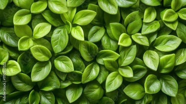 Fototapeta A dense arrangement of vibrant green leaves, showcasing various shapes and sizes, creating a lush natural backdrop.