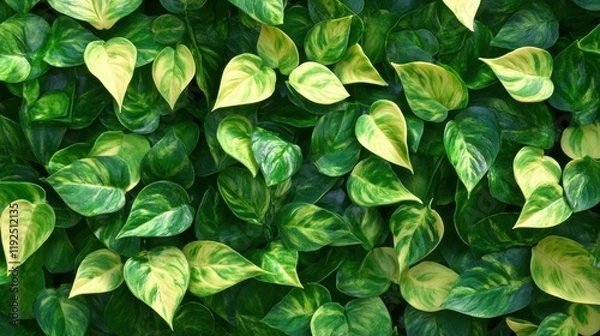 Fototapeta A dense arrangement of vibrant green and yellow-tipped leaves, showcasing the rich texture and variety of a lush foliage backdrop.