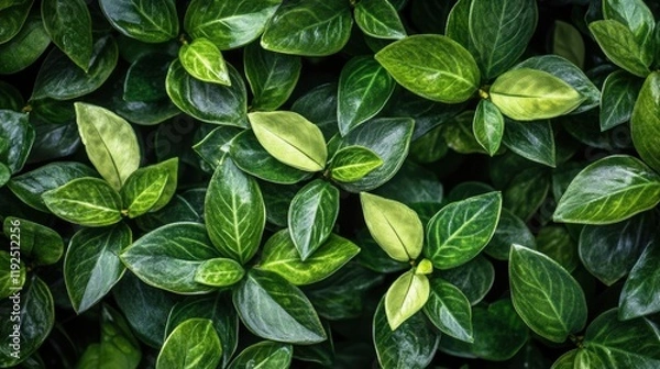 Fototapeta Lush green leaves of various shapes and sizes, densely packed, creating a vibrant and healthy foliage background.
