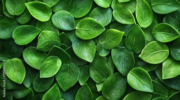 Fototapeta A close-up view of vibrant green leaves overlapping, creating a rich, textured background of lush foliage.