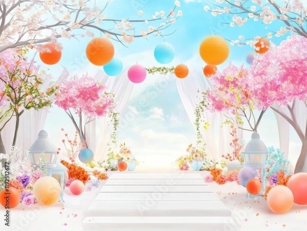 Fototapeta A vibrant pathway adorned with pink trees, colorful balloons, and decorative elements, leading to a bright, sky-blue horizon.