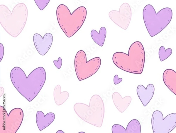 Fototapeta A whimsical pattern of varying shades of pink and purple hearts scattered on a white background.
