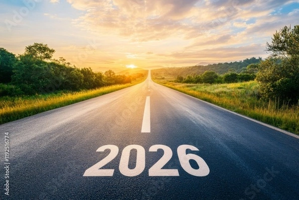 Fototapeta A road to the future, a straight, empty asphalt or tarmac highway with the text "2026" and a beautiful landscape at sunrise.