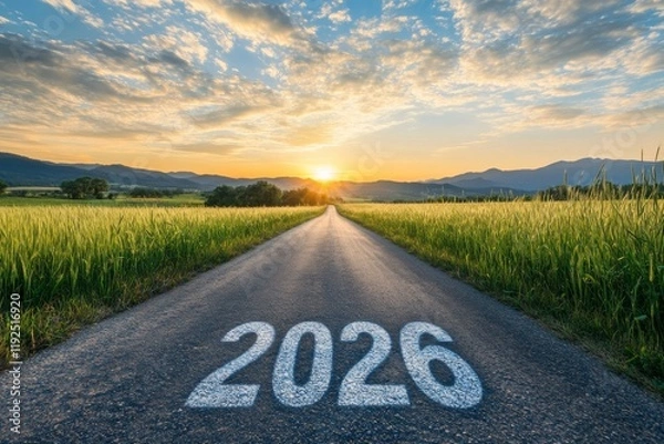 Fototapeta A road to the future, a straight, empty asphalt or tarmac highway with the text "2026" and a beautiful landscape at sunrise.