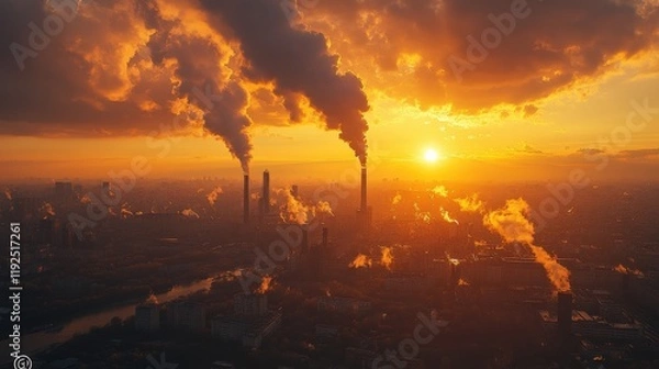 Fototapeta Aerial View of Urban Landscape at Sunset with Smoke Emitting from Industrial Chimneys Against a Dramatic Sky Full of Clouds and Hues of Orange and Gold