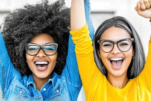 Fototapeta Two joyful young women cheer triumphantly outdoors, fists raised. One wears a blue denim jacket with an afro, radiating excitement against a blurred urban backdrop