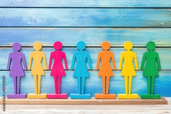 Fototapeta Cheerful line of colorful paper-cut women figures on wood, vibrant tones and playful overlapping design