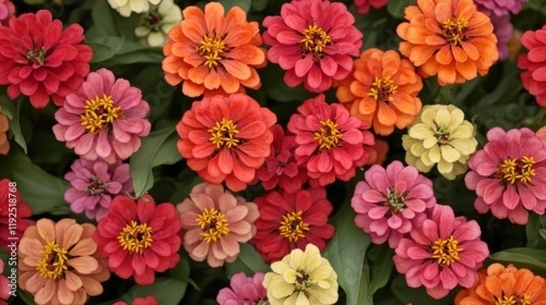 Fototapeta A vibrant cluster of zinnia flowers in full bloom, showcasing dazzling pink, orange, yellow, and red petals with lush green foliage. Nature's colorful masterpiece in sharp focus 