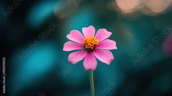 Fototapeta Zinnia - A delicate pink flower with a vibrant yellow center stands tall against a soft, blurred blue-green background.