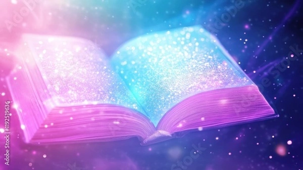 Fototapeta An open book with glowing pages emits colorful sparkles against a dreamy, cosmic background.