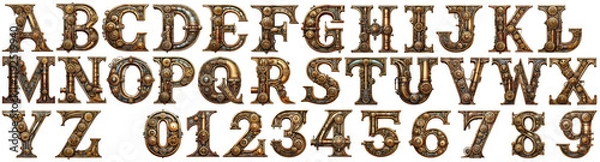 Fototapeta Isolated Letters A to Z and Figures 0 to 9 in Steampunk style mainly metal brown copper and wood with many gears and lots of details