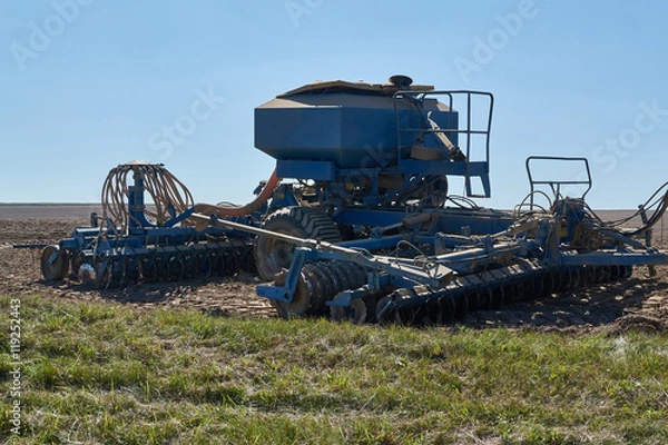 Fototapeta sowing complex of blue color is on the plowed field .close-up.
