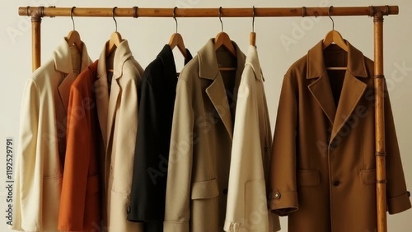 Fototapeta Biodegradable coats showcased on a bamboo rack with warm earthy tones and soft shadows