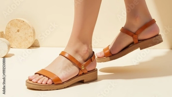 Fototapeta Sustainable sandals styled on a neutral backdrop with subtle natural textures