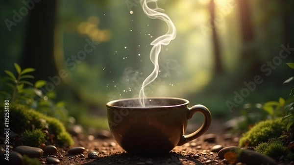 Fototapeta A cup of hot coffee with smoke, which stands in the forest on the ground