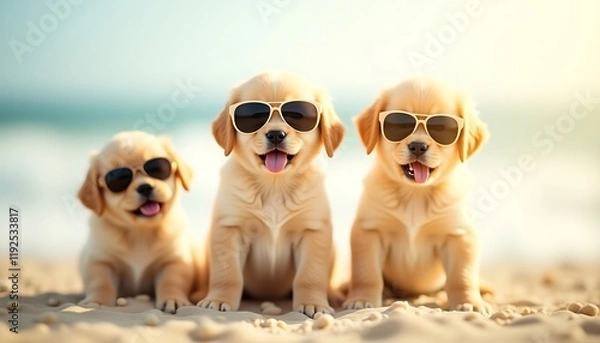 Fototapeta Little puppies wearing sunglasses on the beach viewed against the sea with bokeh background