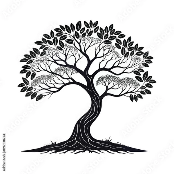 Obraz illustration tree with leaves and birds. Silhouette on white background.