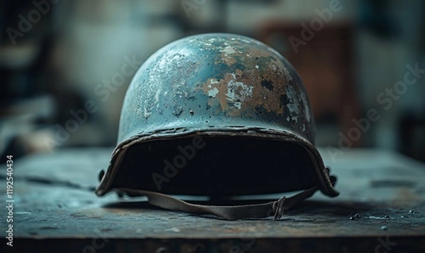Obraz Old military helmet, worn, workshop background, history