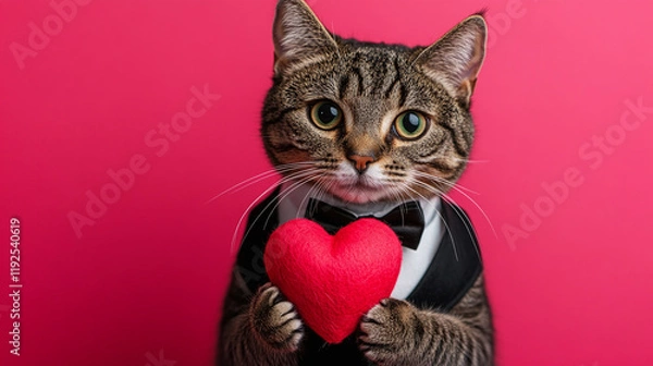 Fototapeta Cute cat in a tuxedo with a heart in his paws on a bright red background