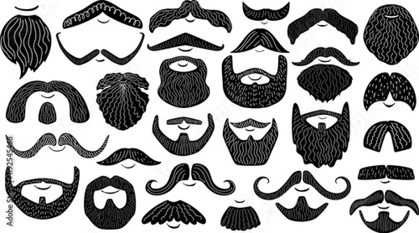 Fototapeta men doodled hand drawn various styles beards and mustache collection in black and white, vector illustration graphic design set