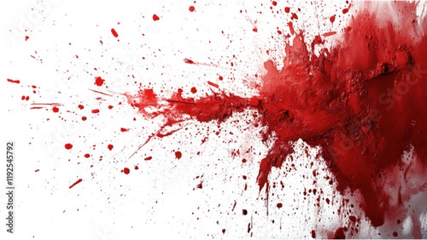 Fototapeta Dynamic blood splatter on stark white backdrop, striking contrast, minimalist design, evocative and bold visual impact