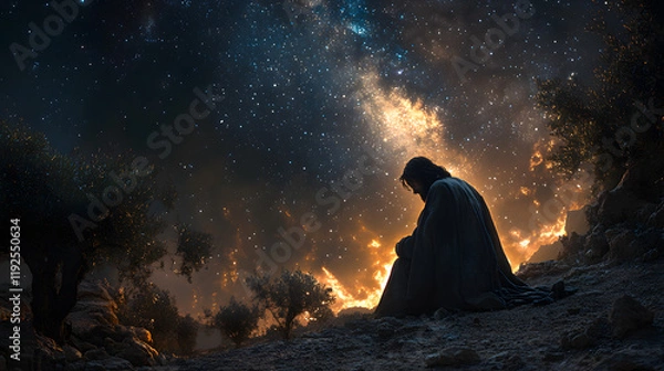 Fototapeta Jesus kneeling in the Garden of Gethsemane under a starry night sky, his face illuminated by the moonlight. He prays earnestly, with the silhouette of olive trees surrounding him.