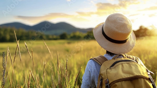 Fototapeta person with backpack enjoys sunset view over mountains in field