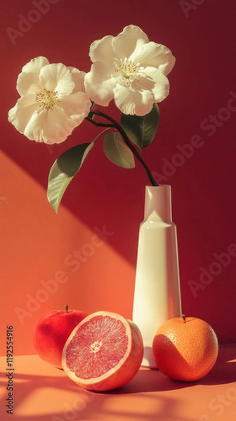 Fototapeta Minimalistic Still Life with Grapefruit, Orange, Fruit, and White Flowers in Vase on Red Background